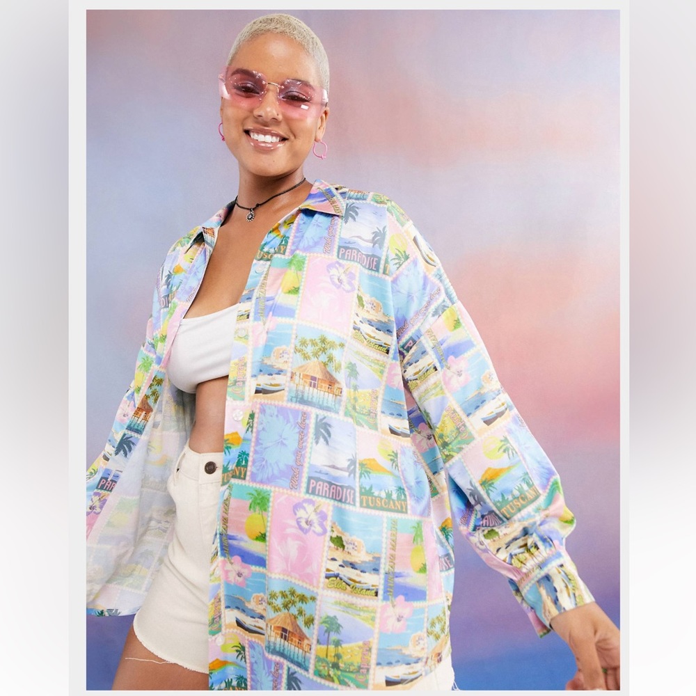 ASOS DESIGN Curve beach shirt in postcard print
